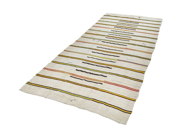 5x13 Ivory & White Vintage Turkish Runner Rug